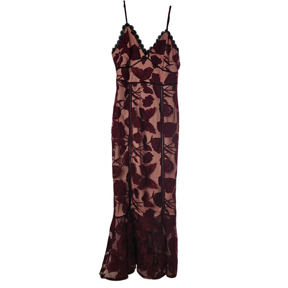 Lulus Alluring Dream Burgundy Floral Trumpet Midi Dress Trendy Quiet luxury - Picture 2 of 10